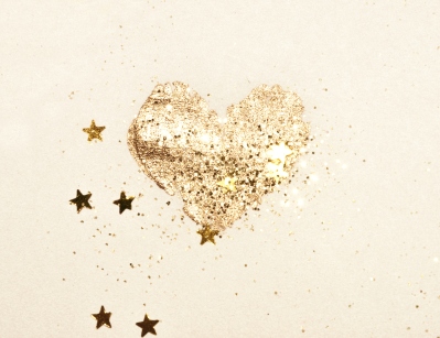 Abstract shiny watercolor heart and golden glitter in vintage nostalgic colors.